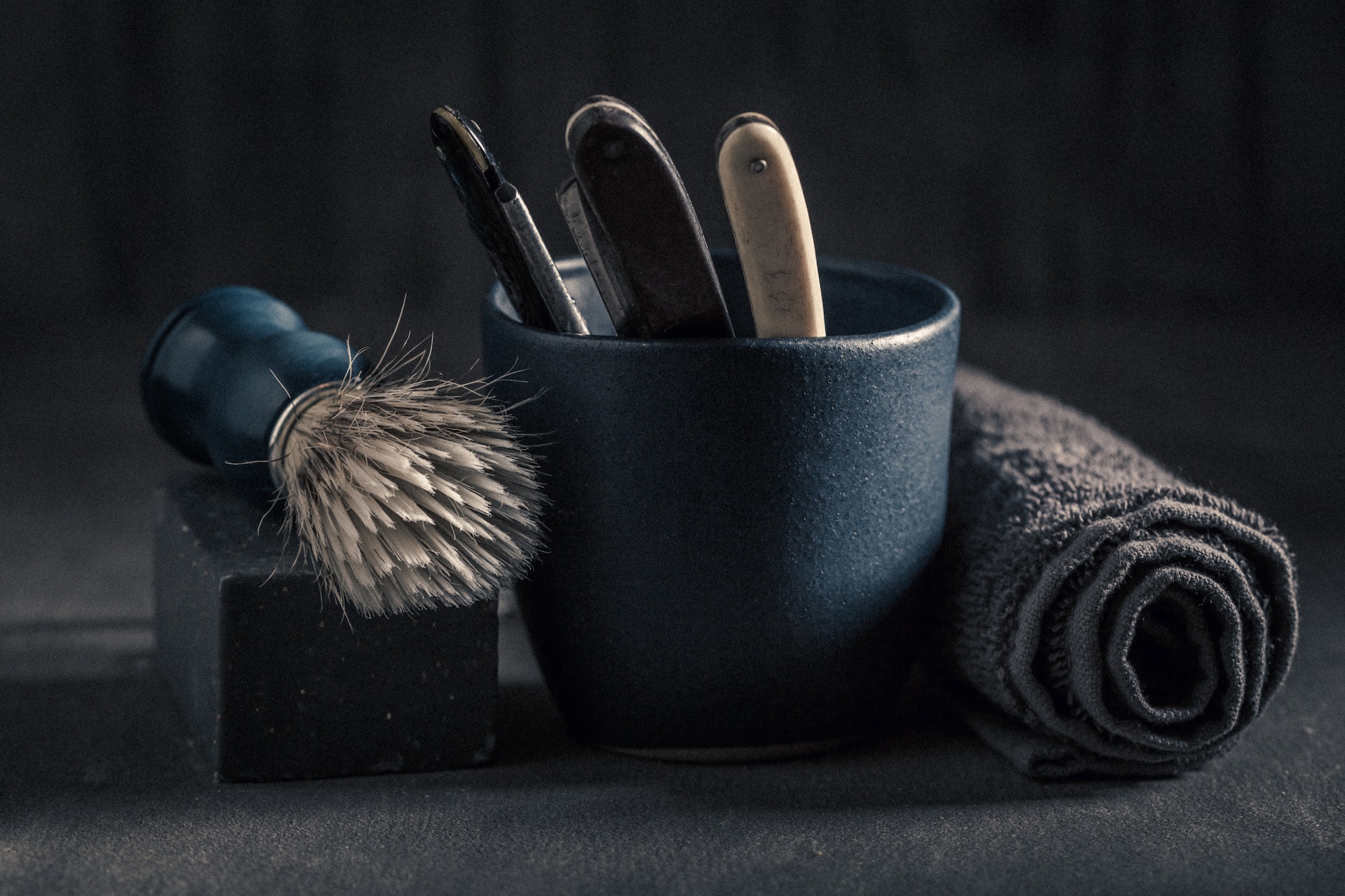 Unique shave tools with brush, razor, soap